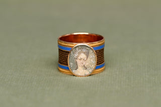 c.1800 Georgian 18K Gold Hairwork, Enamel & Portrait Miniature Sentimental Ring