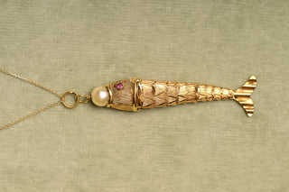 Vintage French 18K Gold Articulated Fish Pendant with Pearl & Spinel Eyes