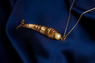 Vintage French 18K Gold Articulated Fish Pendant with Pearl & Spinel Eyes