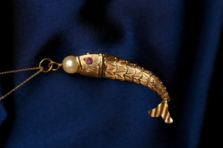 Vintage French 18K Gold Articulated Fish Pendant with Pearl & Spinel Eyes