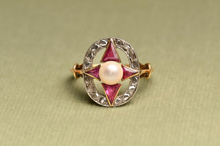 French Art Deco Ruby, Diamond and Pearl Cluster Ring, c.1920