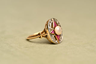 French Art Deco Ruby, Diamond and Pearl Cluster Ring, c.1920
