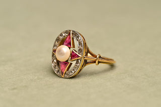 French Art Deco Ruby, Diamond and Pearl Cluster Ring, c.1920