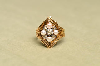 Art Nouveau 18K Gold, Pearl & Rose-Cut Diamond Ring c.1910