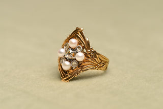 Art Nouveau 18K Gold, Pearl & Rose-Cut Diamond Ring c.1910