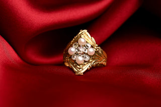 Art Nouveau 18K Gold, Pearl & Rose-Cut Diamond Ring c.1910