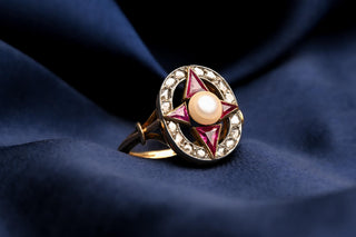 French Art Deco Ruby, Diamond and Pearl Cluster Ring, c.1920