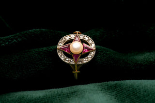 French Art Deco Ruby, Diamond and Pearl Cluster Ring, c.1920