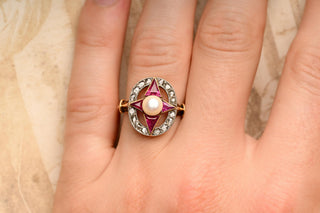 French Art Deco Ruby, Diamond and Pearl Cluster Ring, c.1920