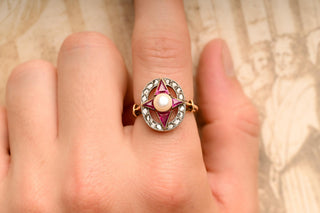French Art Deco Ruby, Diamond and Pearl Cluster Ring, c.1920