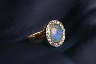 Art Deco Opal Doublet and Old Mine Cut Diamond Cluster Ring; Italian