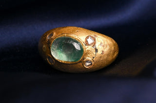 Antique Balinese Emerald and Diamond Ring; Gilded Convex Cabochon Ring