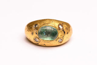 Antique Balinese Emerald and Diamond Ring; Gilded Convex Cabochon Ring