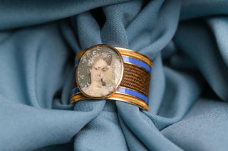 c.1800 Georgian 18K Gold Hairwork, Enamel & Portrait Miniature Sentimental Ring