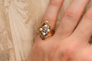 Art Nouveau 18K Gold, Pearl & Rose-Cut Diamond Ring c.1910