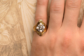 Art Nouveau 18K Gold, Pearl & Rose-Cut Diamond Ring c.1910