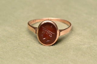Antique 9K rose gold signet ring with carnelian intaglio of Hermes