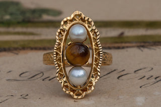 Vintage French Tigers Eye and Pearl Ring-Ravensbury Antiques