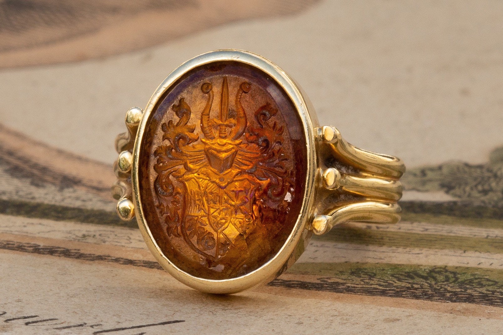 Victorian Citrine Coat of Arms Intaglio Signet