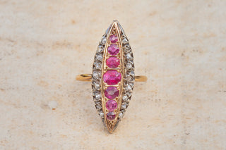 Victorian Diamond and Ruby Navette Ring-Ravensbury Antiques